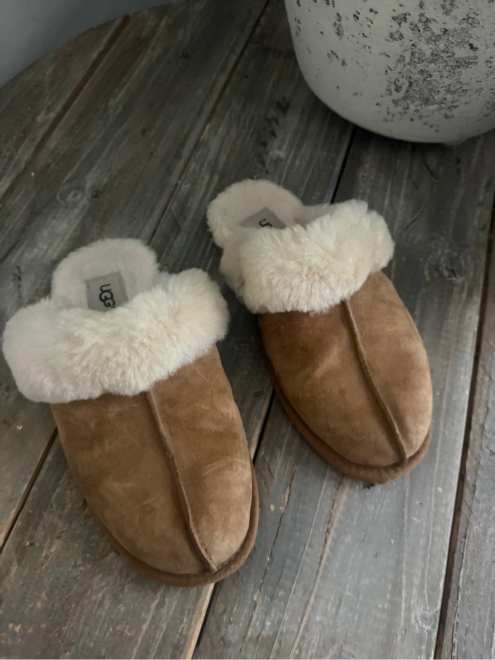 UGG Chestnut Suede Shearling Cuff Slip-On Slippers